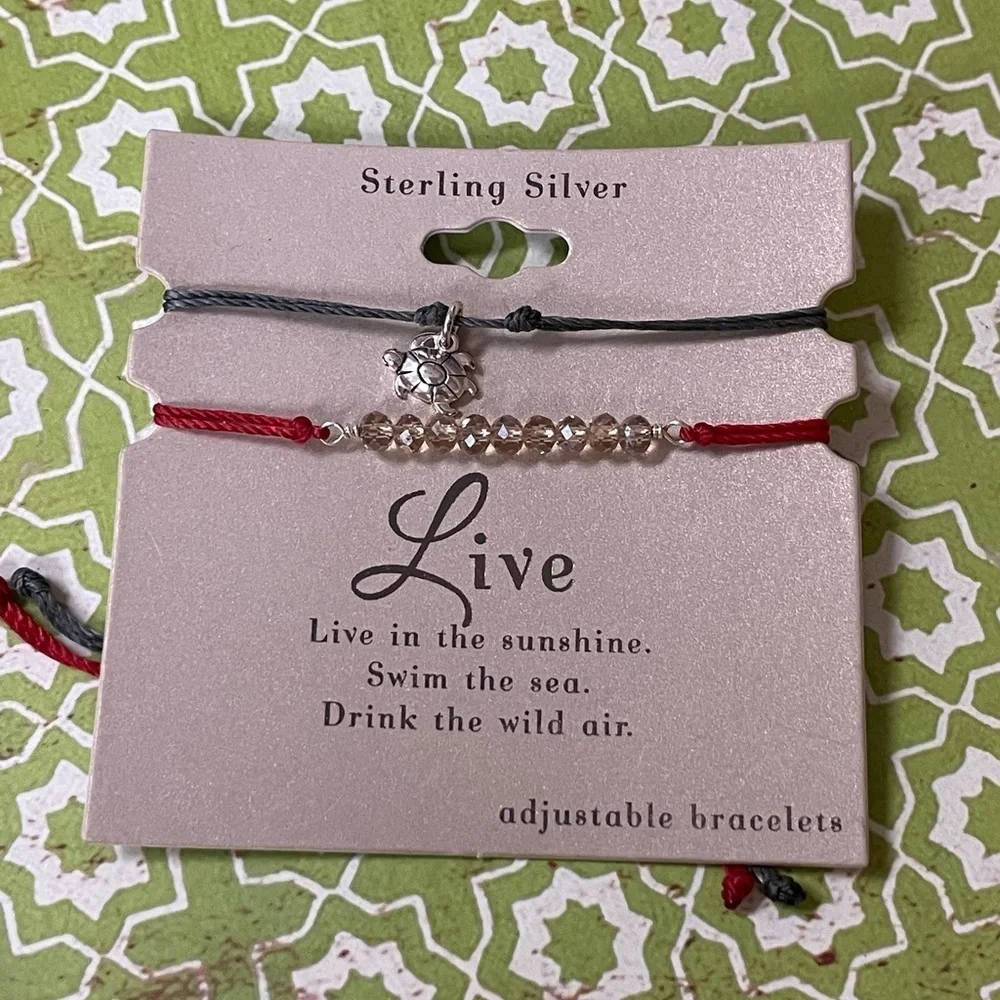 2 Adjustable Bracelets.Red With Crystals, Gray With Sterling Turtle Charm. NWT